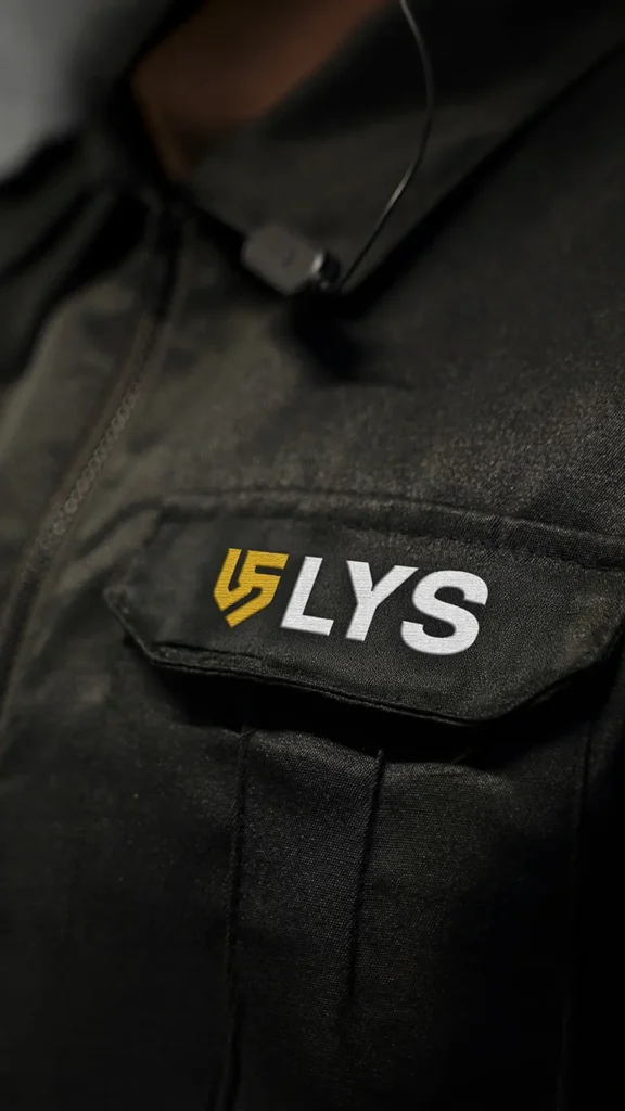 Branding para LYS: uniforme negro con el logo de la marca bordado en el bolsillo