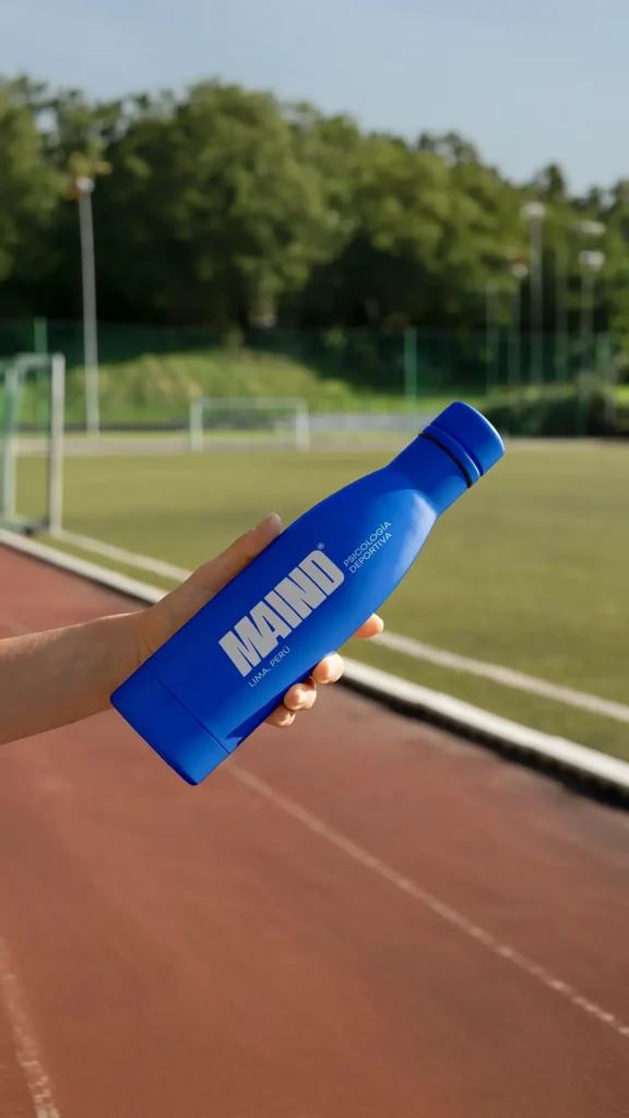 Branding para Maind, psicología deportiva: botella azul con el logo de la marca en una pista de atletismo